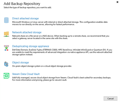 Veeam: Add Backup Repository — choose Direct attached storage.
