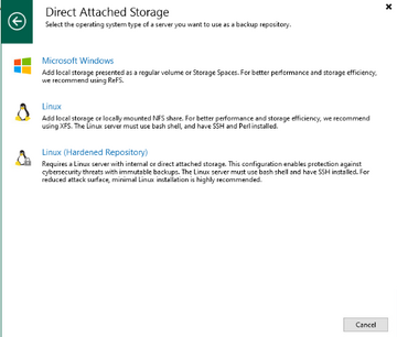 Veeam: select Linux (Hardened Repository).